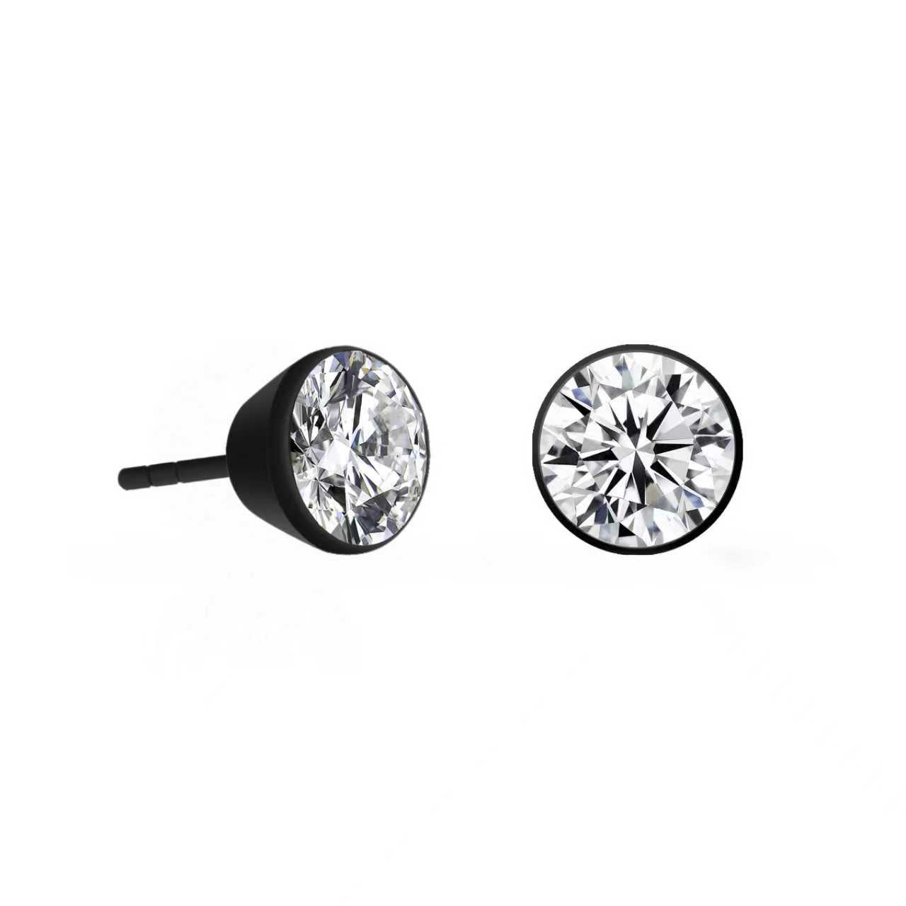 Side and front view of Noir solitaire stud earrings with black stainless steel settings