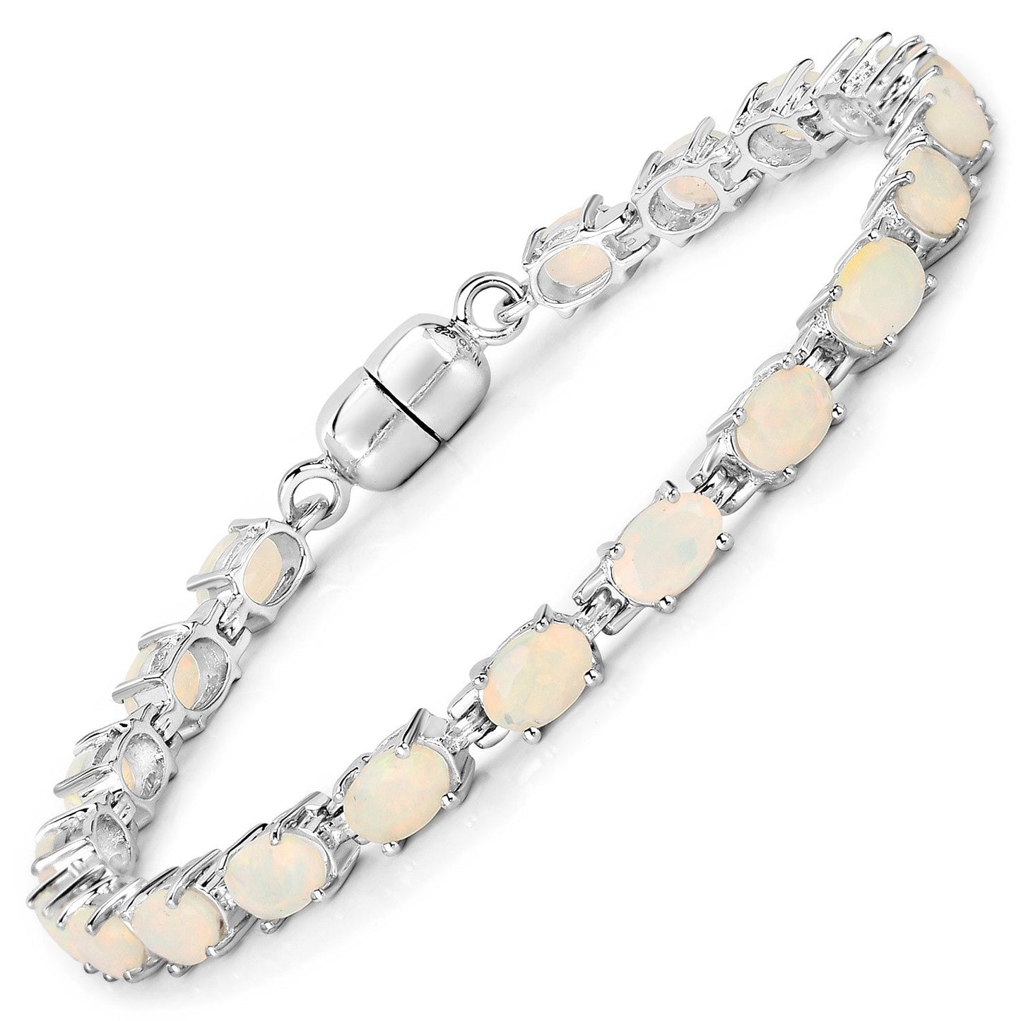 Ophelia white opal tennis bracelet in silver with oval prong-set stones and clasp