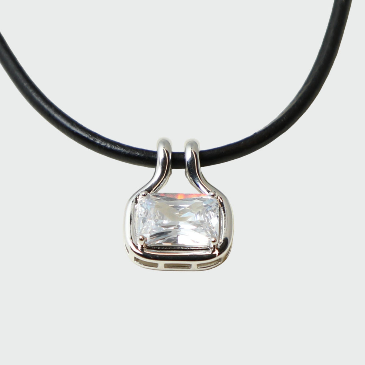 Palmer cubic zirconia pendant necklace with black leather cord and rhodium-plated brass