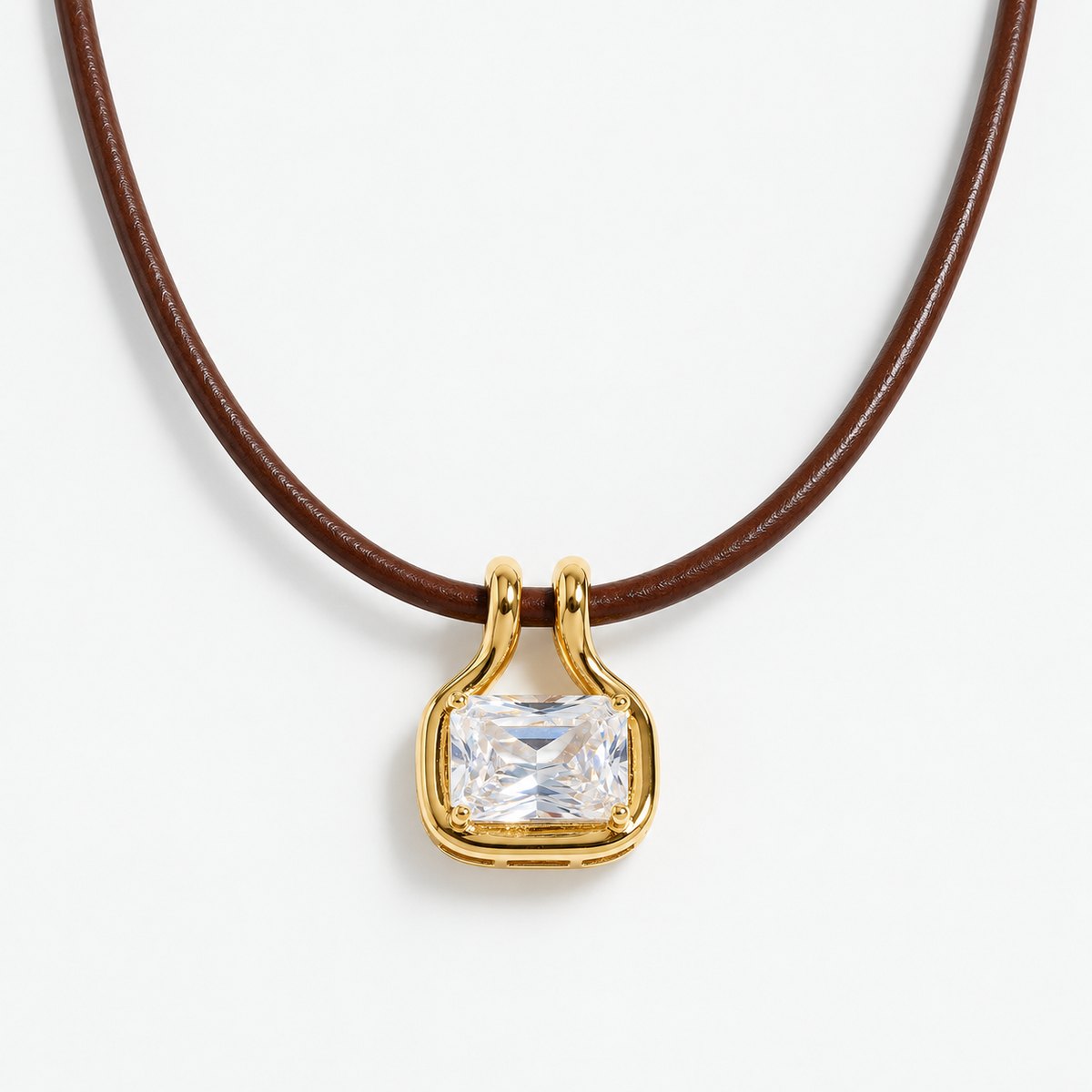 Palmer cubic zirconia pendant necklace with brown leather cord and gold-plated brass