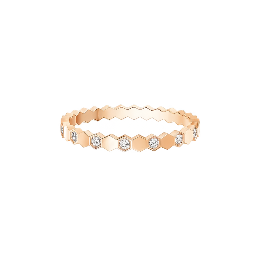 Front view of Romy rose gold hexagon pavé ring with geometric band