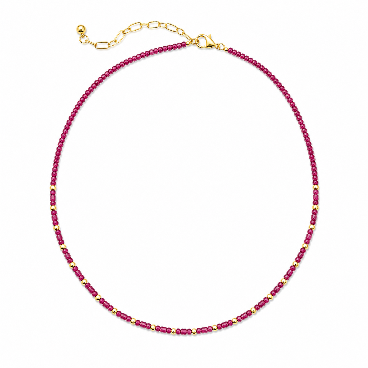 Rory Ruby Necklace with ruby-toned beads and 18K gold-plated details displayed on a white background.
