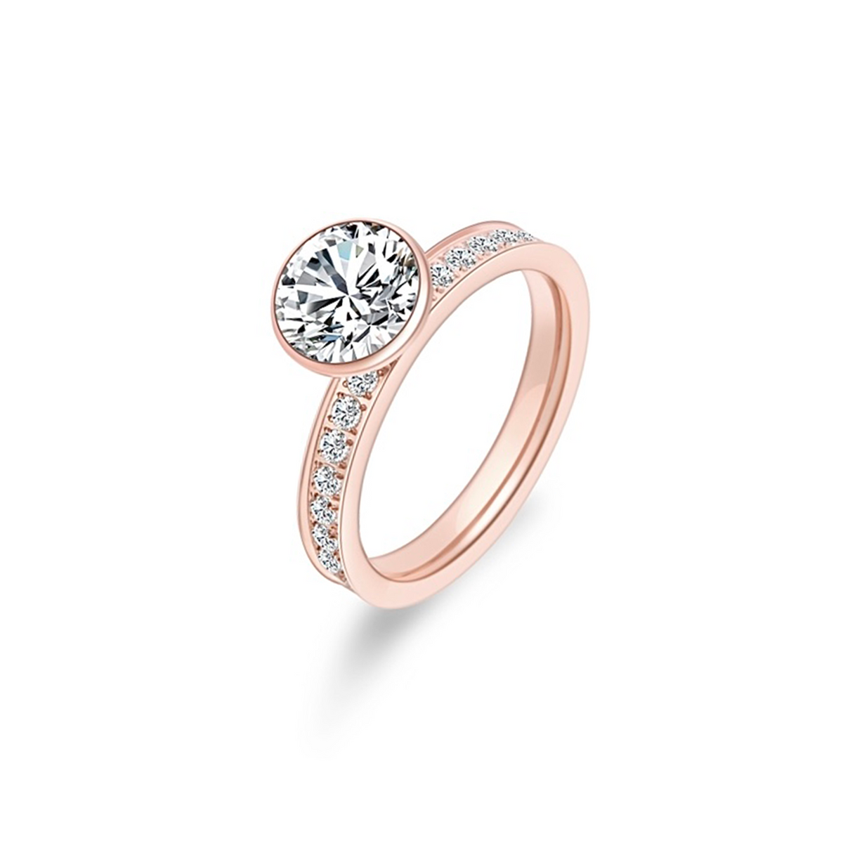 Angled view of Sia rose gold 2 ct solitaire pavé ring with pavé band