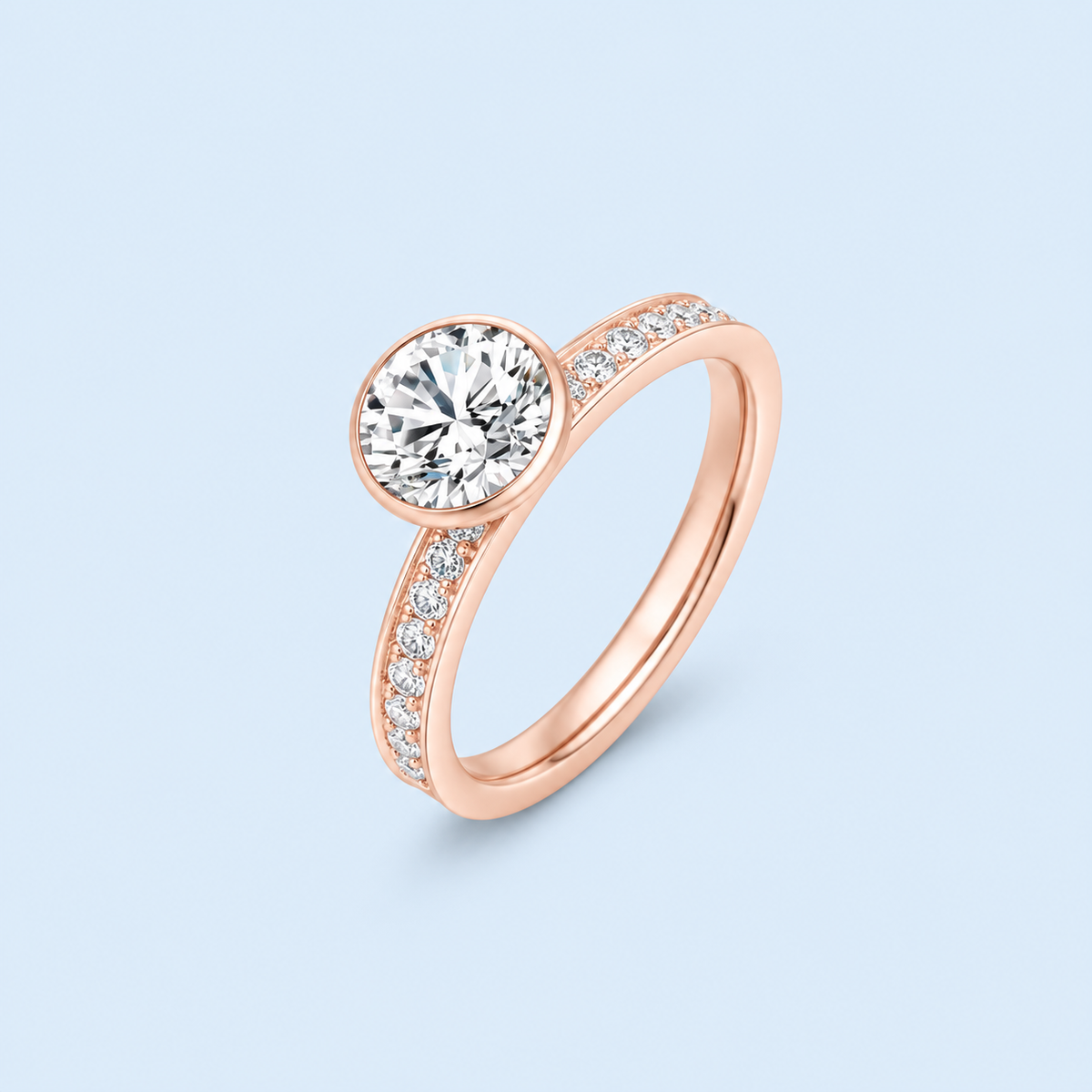 Sia rose gold 2 ct solitaire pavé ring with round center stone on Riann Ashlyn blue background