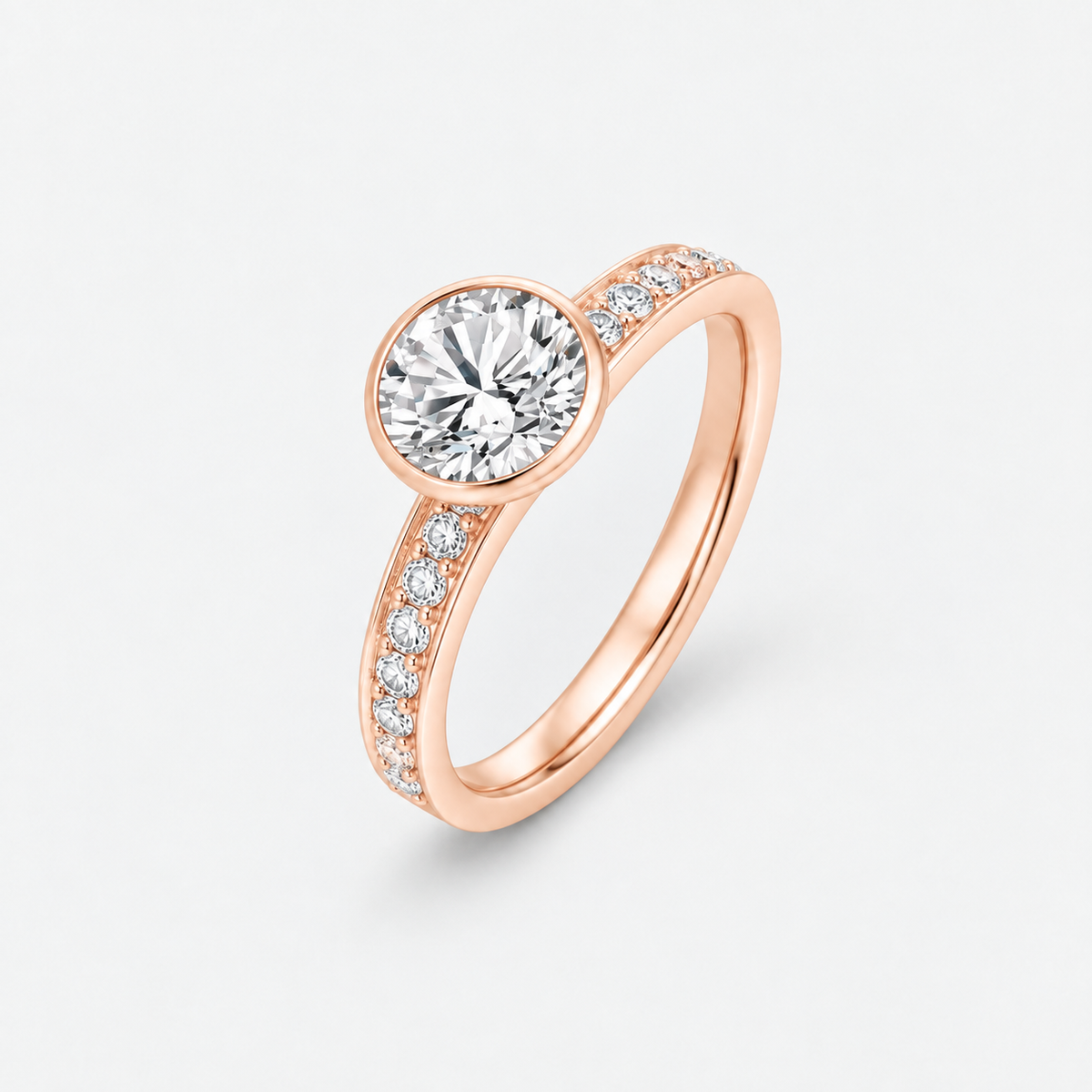 Sia rose gold 2 ct solitaire pavé ring with round center stone on pale gray background