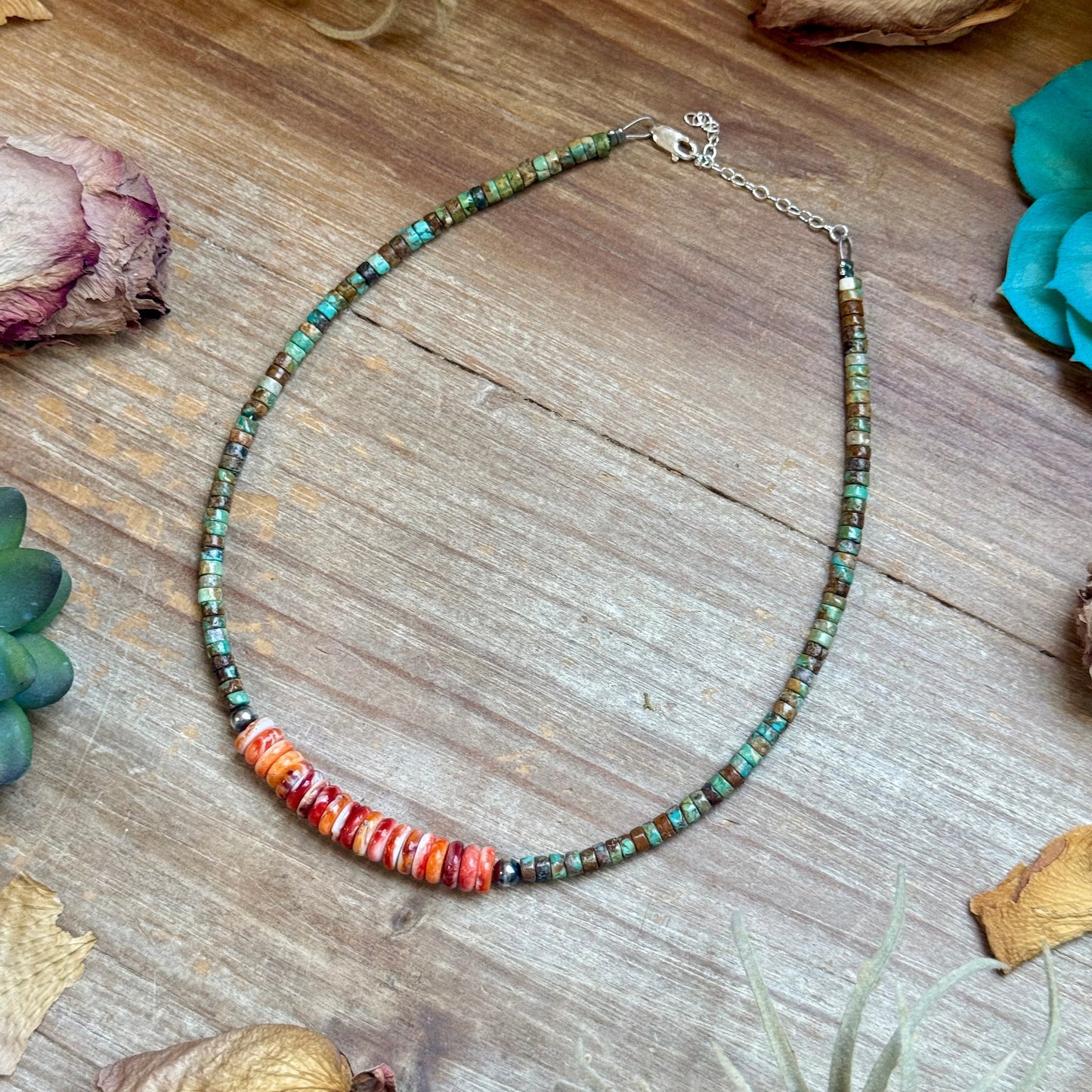     Sierra green turquoise necklace with orange spiny oyster centerpiece and sterling silver findings