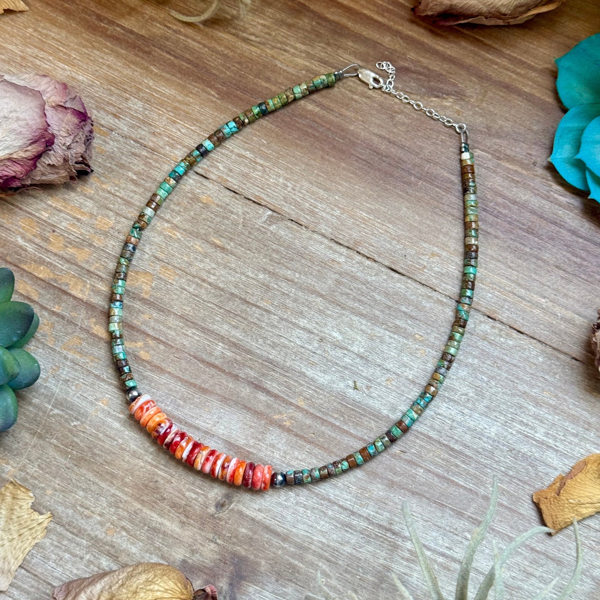     Sierra green turquoise necklace with orange spiny oyster centerpiece and sterling silver findings