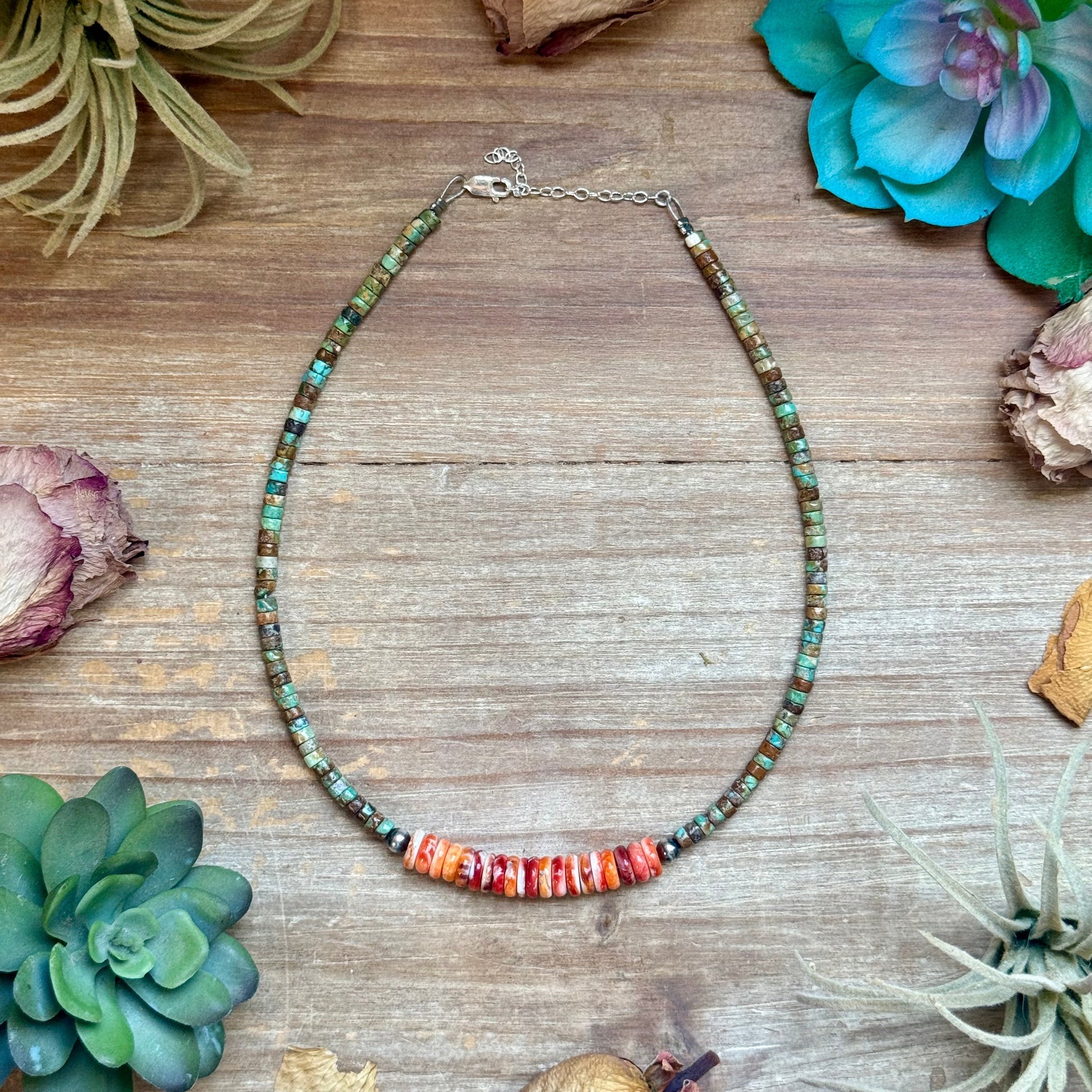     Sierra green turquoise and orange spiny oyster necklace with sterling silver accents