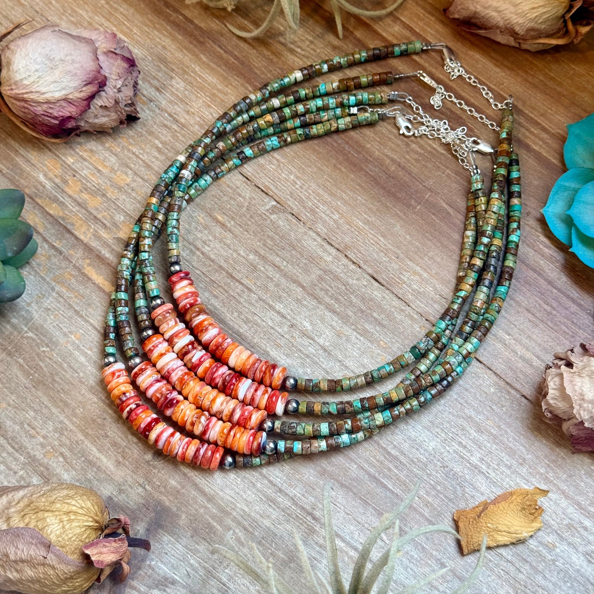     Group of Sierra turquoise and spiny oyster necklaces showing natural color and stone variations