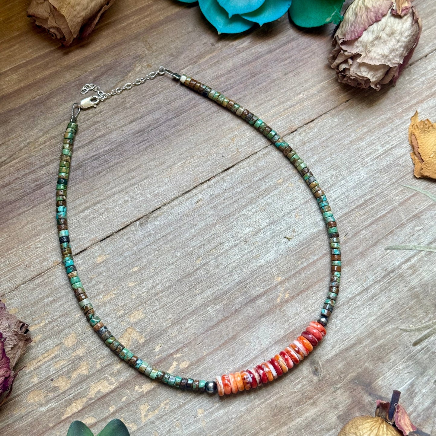    Green turquoise and orange spiny oyster Sierra necklace laid flat with sterling silver extender