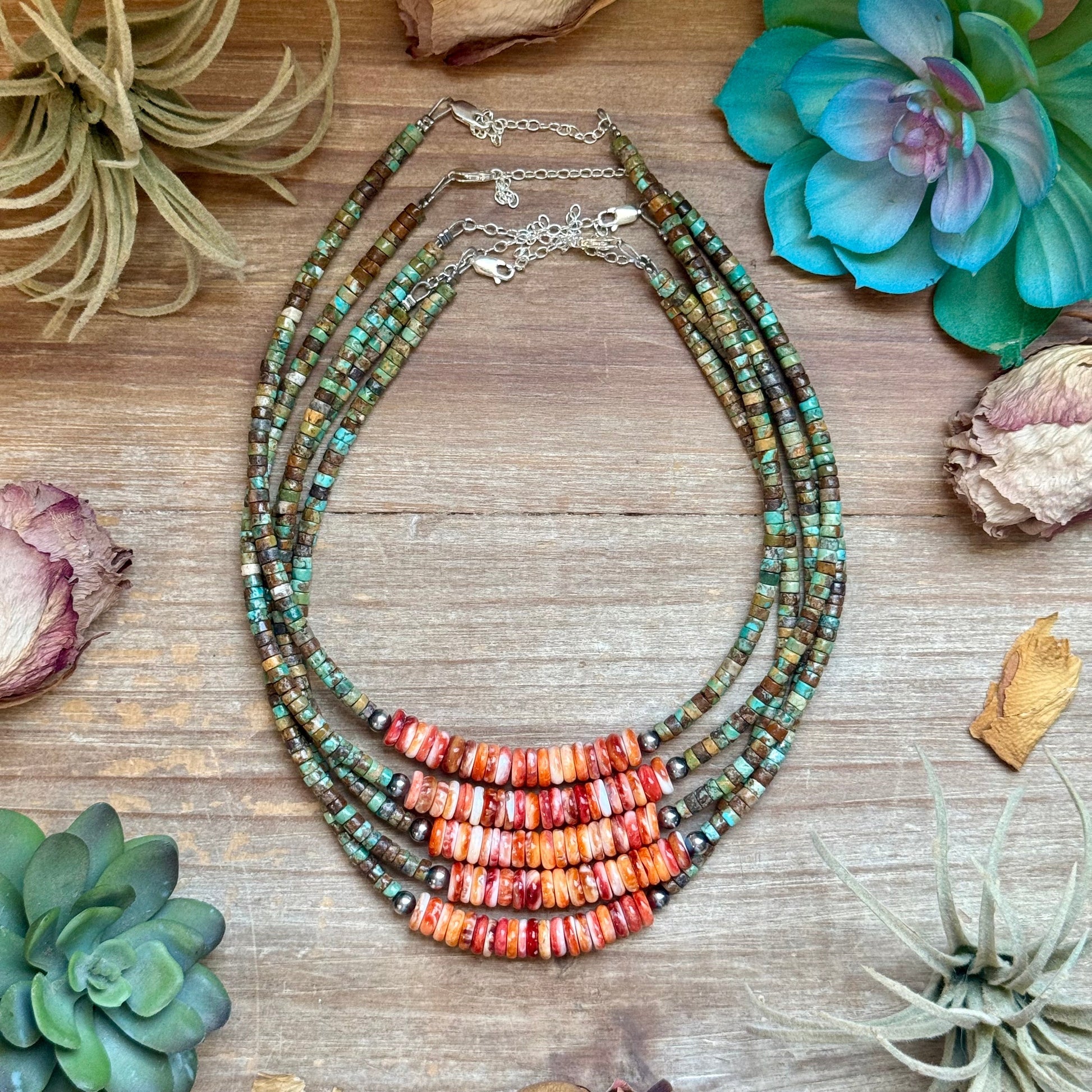     Multiple Sierra green turquoise and orange spiny oyster necklaces showing natural stone variations