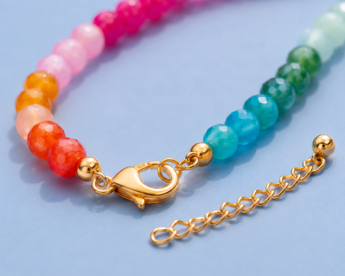 Close-up of the Soleil colorful beaded necklace with gold-tone lobster clasp and extender chain