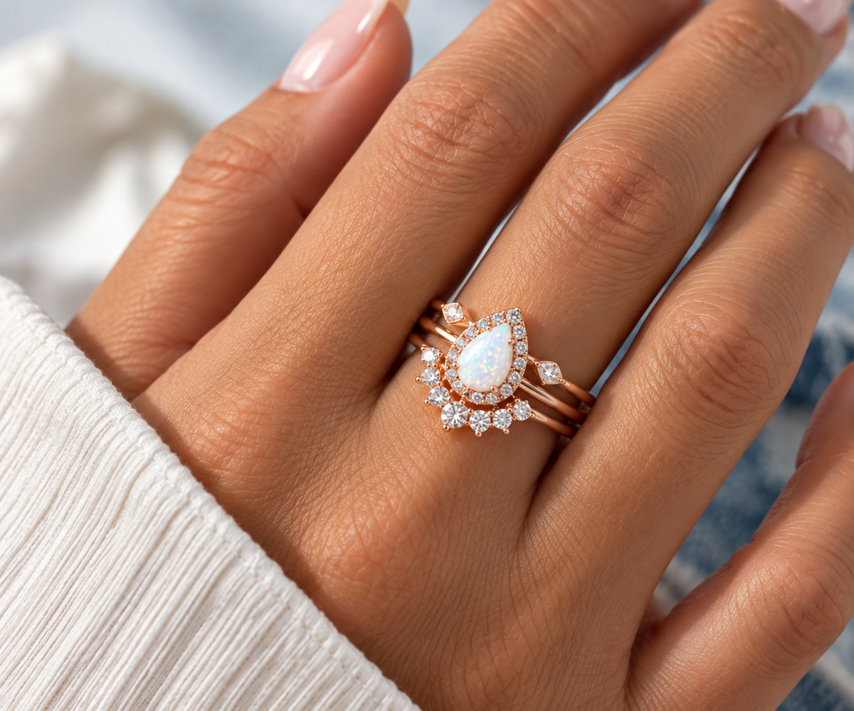 Sutton rose gold pear opal ring set worn on hand