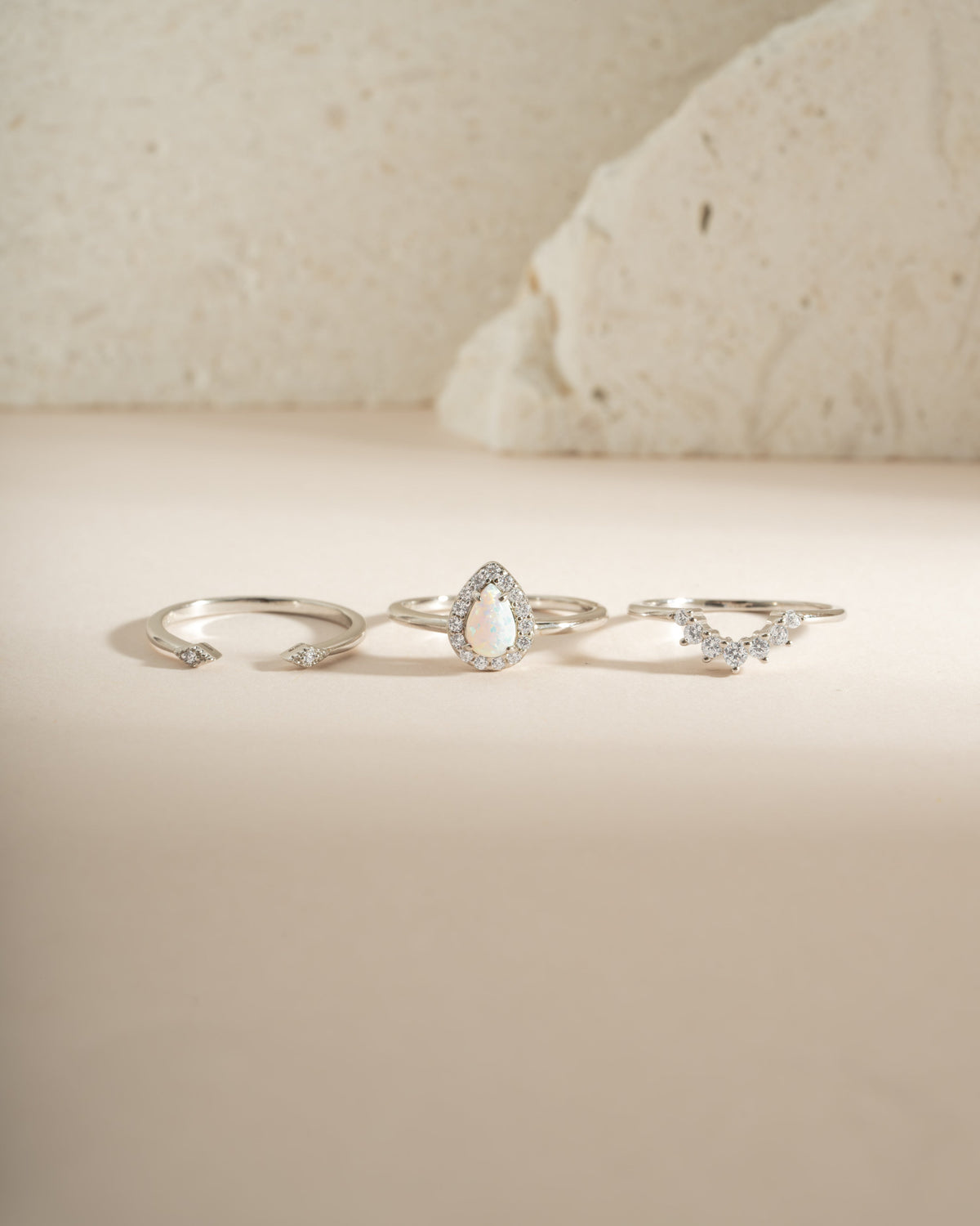 Sutton silver three-ring set with pear opal centerpiece