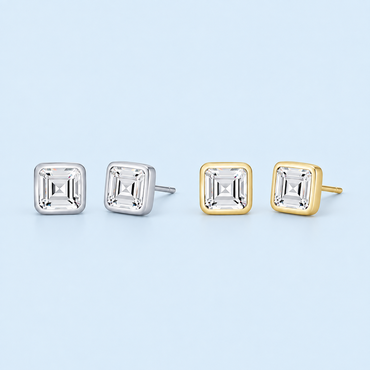     Taryn square cubic zirconia stud earrings in Silver and Gold on a light blue background