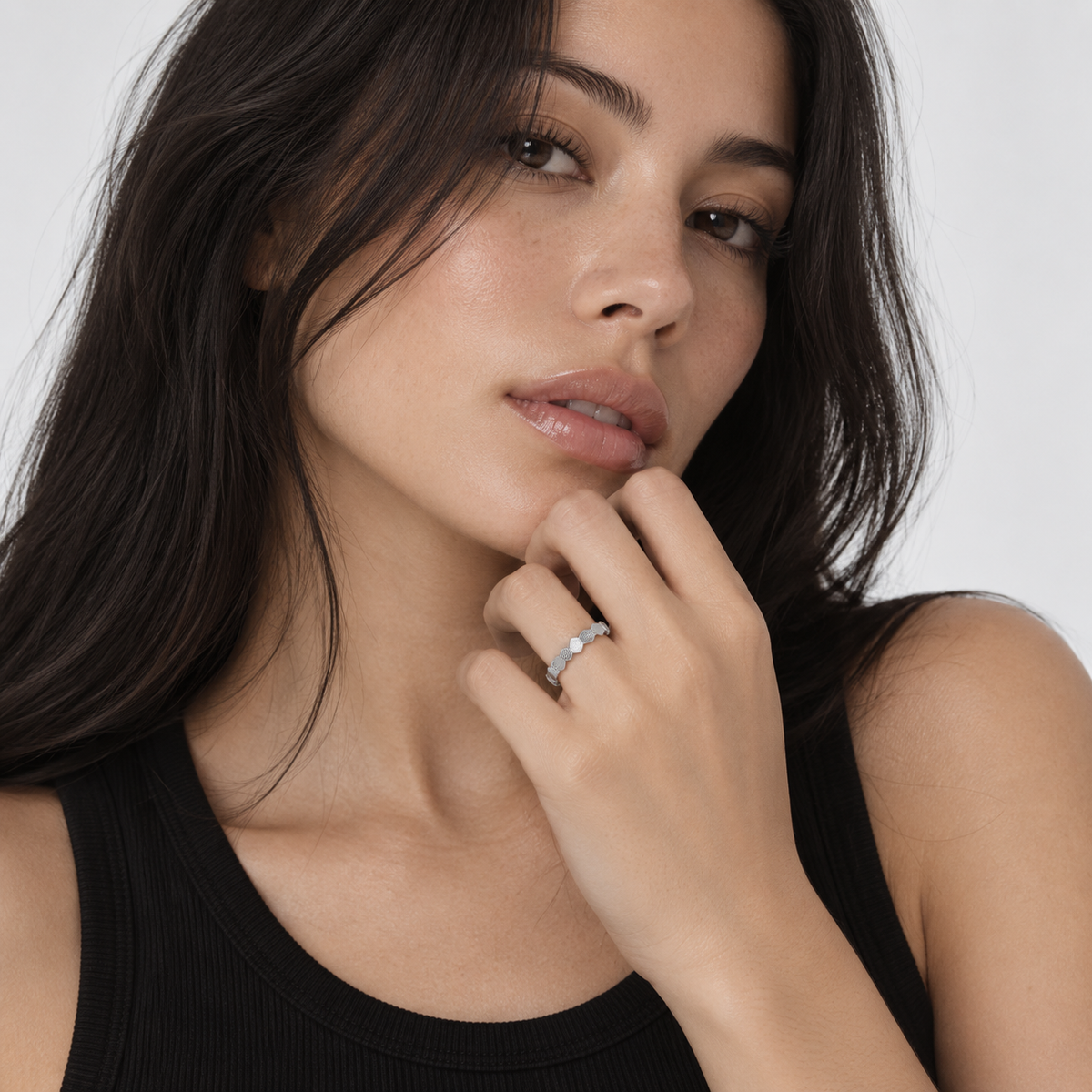   Vale white gold-plated pavé ring worn by model in black top