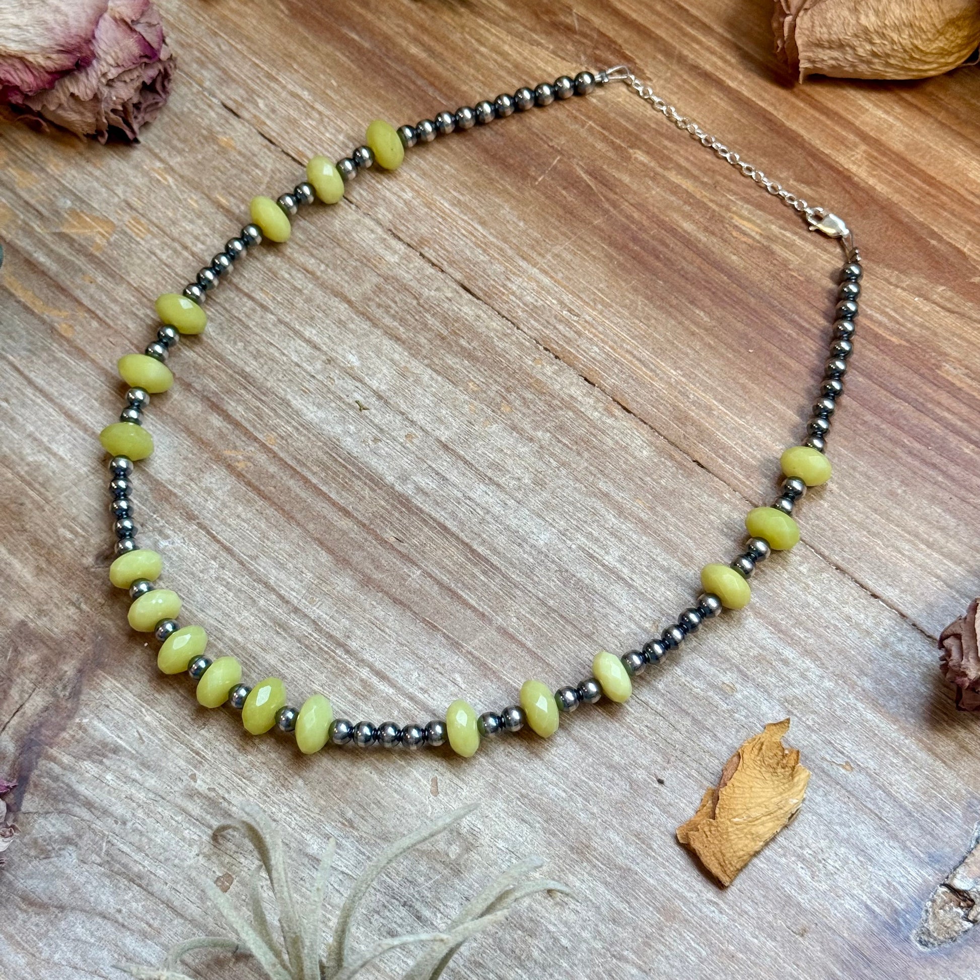 Zia necklace with faceted lemon jade beads and sterling silver pearls