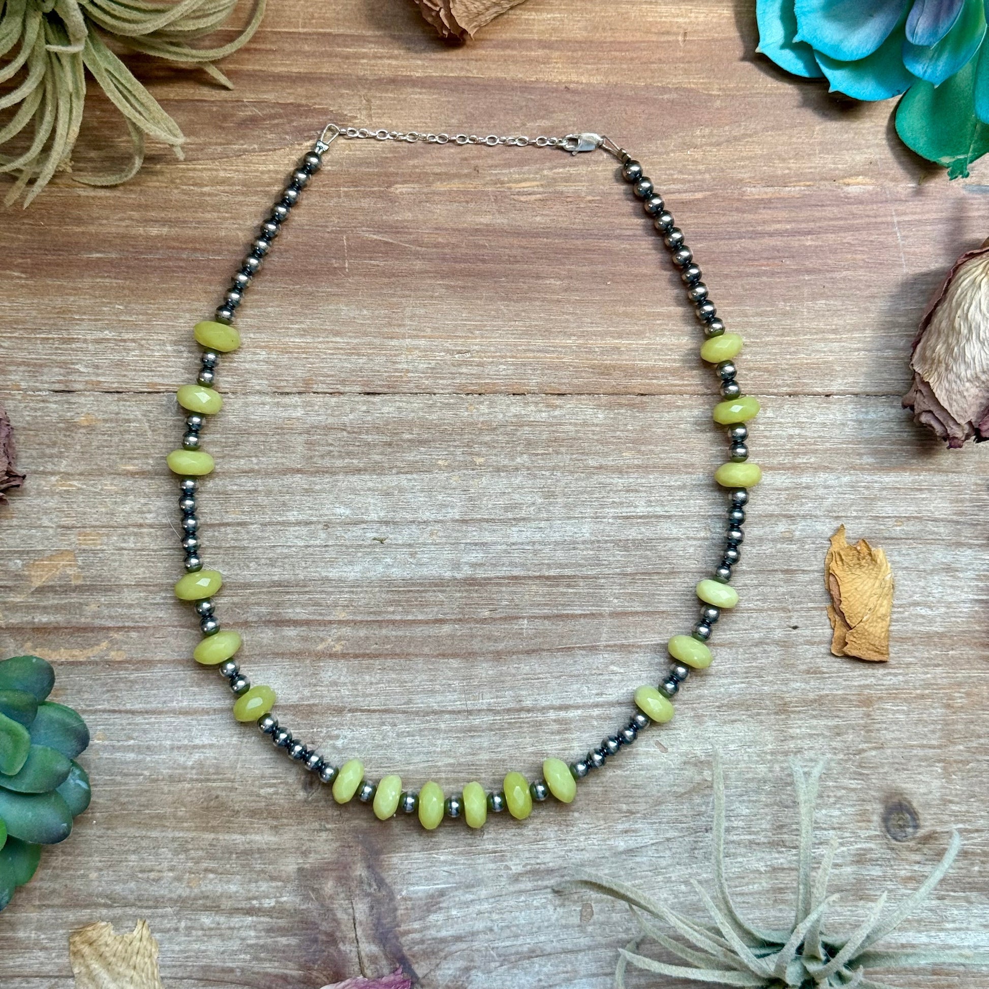 Zia faceted lemon jade and sterling silver pearl necklace laid flat
